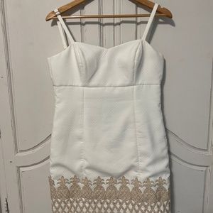 White lily Pulitzer dress with gold pineapple trim